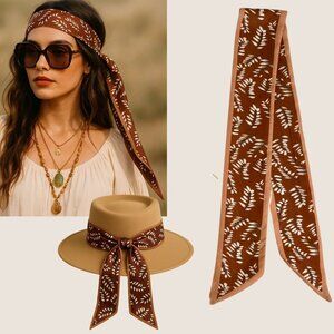 Slim Scarf Brown Leaf Print Boho Style 34 inches Neck Hair Bag Wrap No 43